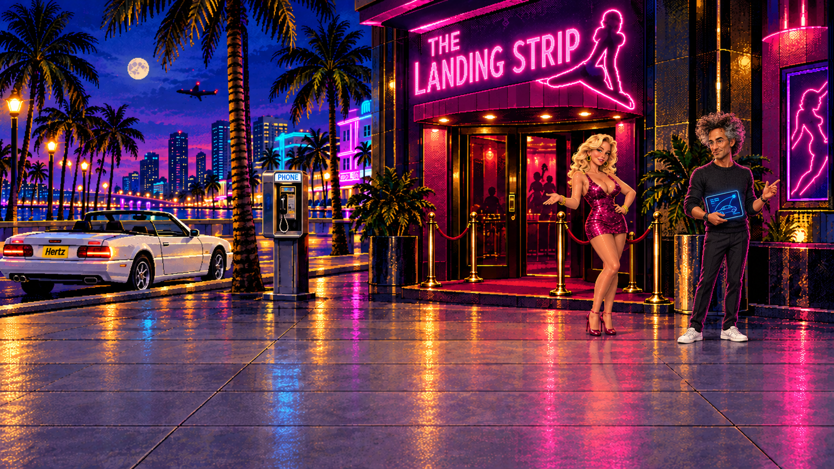 Alex Karp joins the Landing Strip exterior beside Trixie